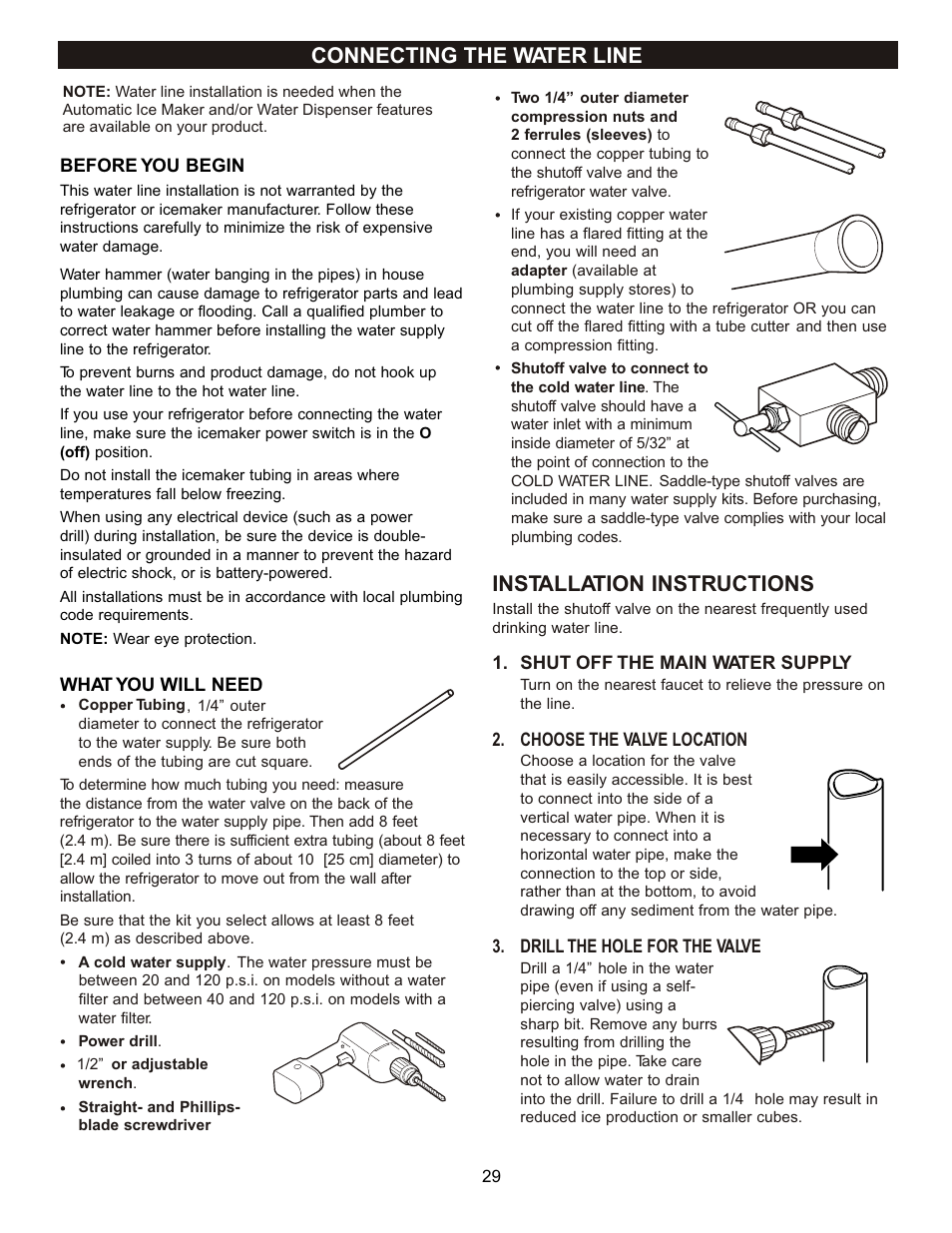 Installation instructions, Connecting the water line | LG LRDN22734WW User Manual | Page 29 / 36