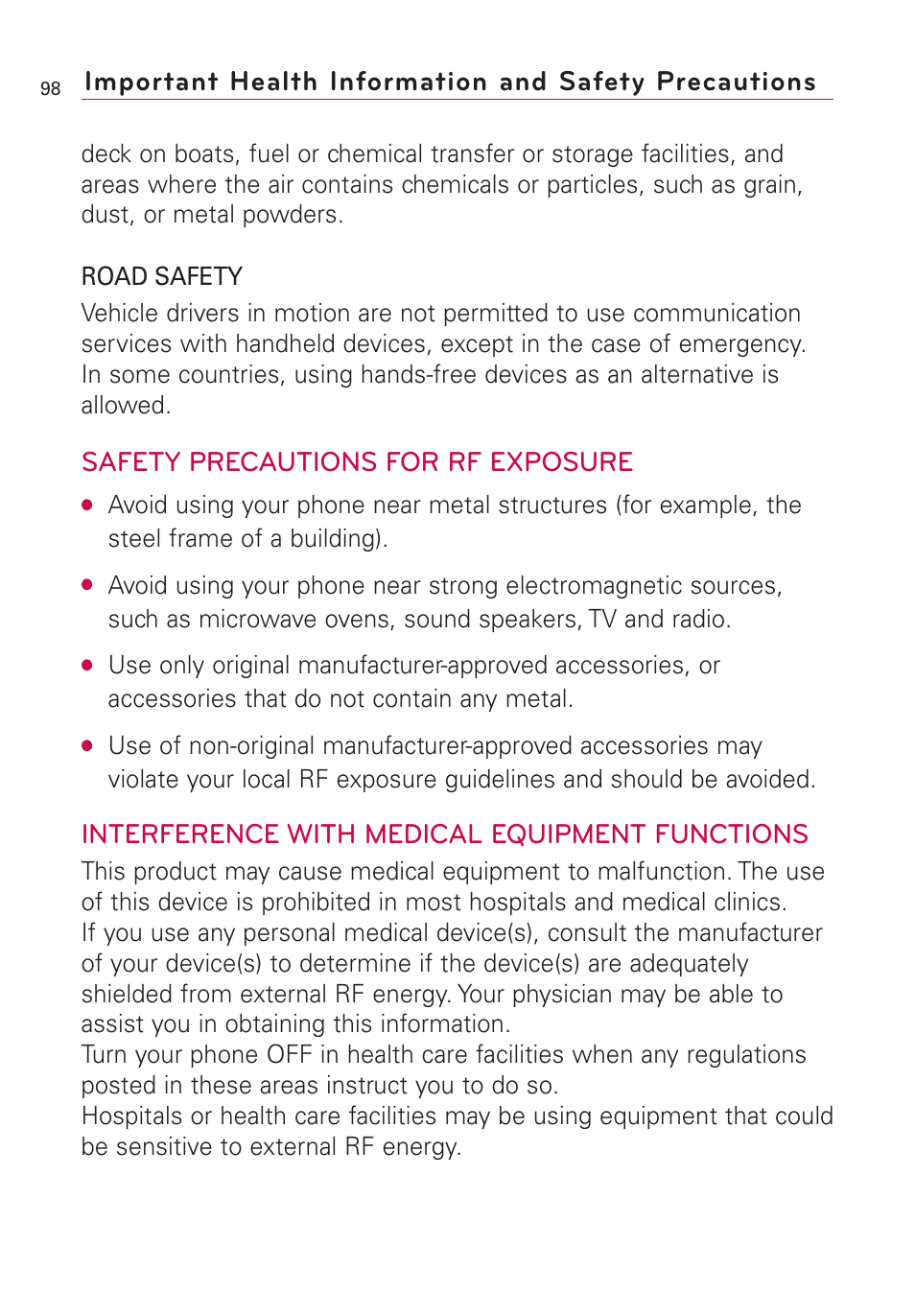 Safety precautions for rf exposure, Interference with medical equipment functions | LG Optimus MS690 User Manual | Page 100 / 314