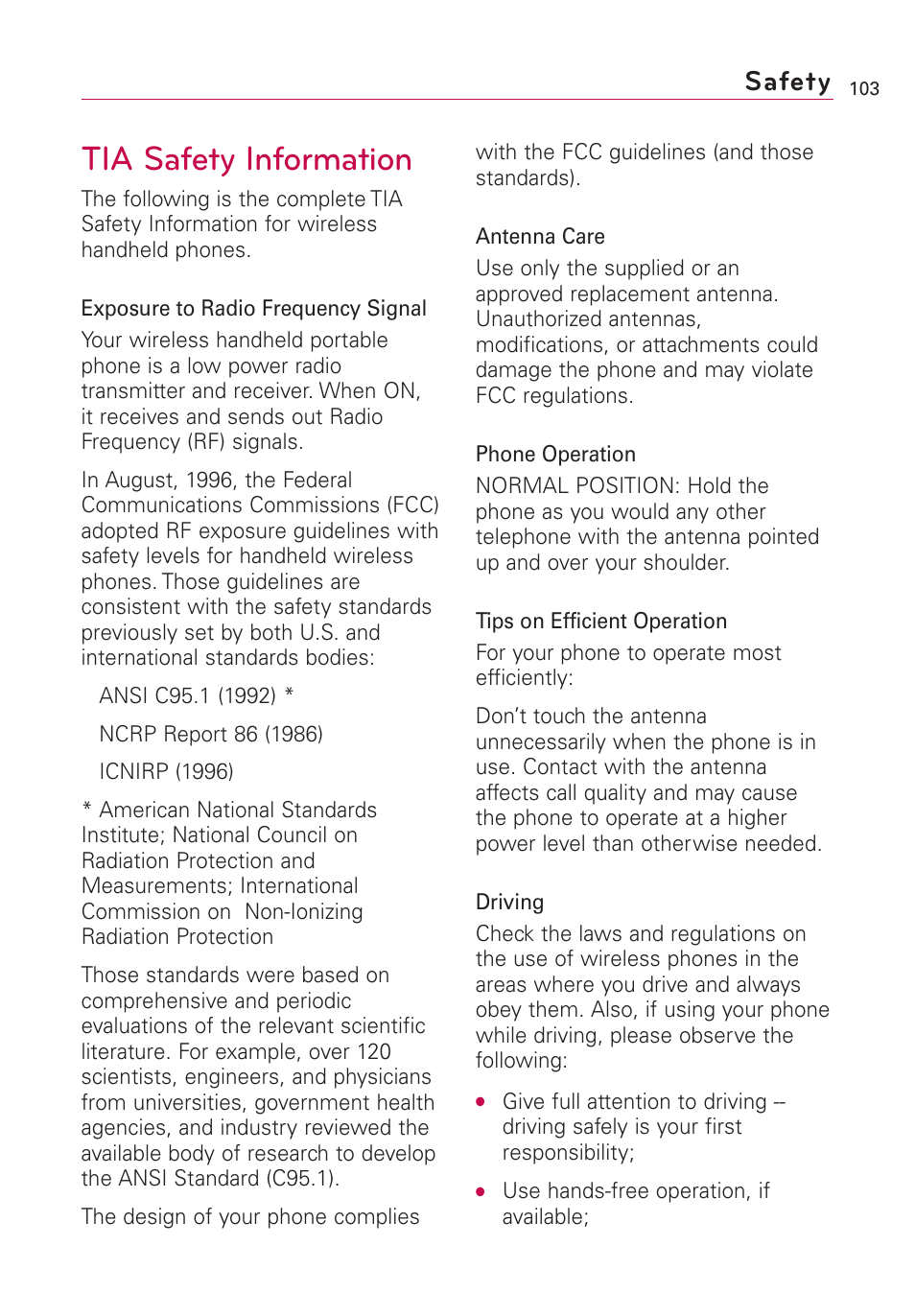 Safety, Tia safety information | LG Optimus MS690 User Manual | Page 105 / 314