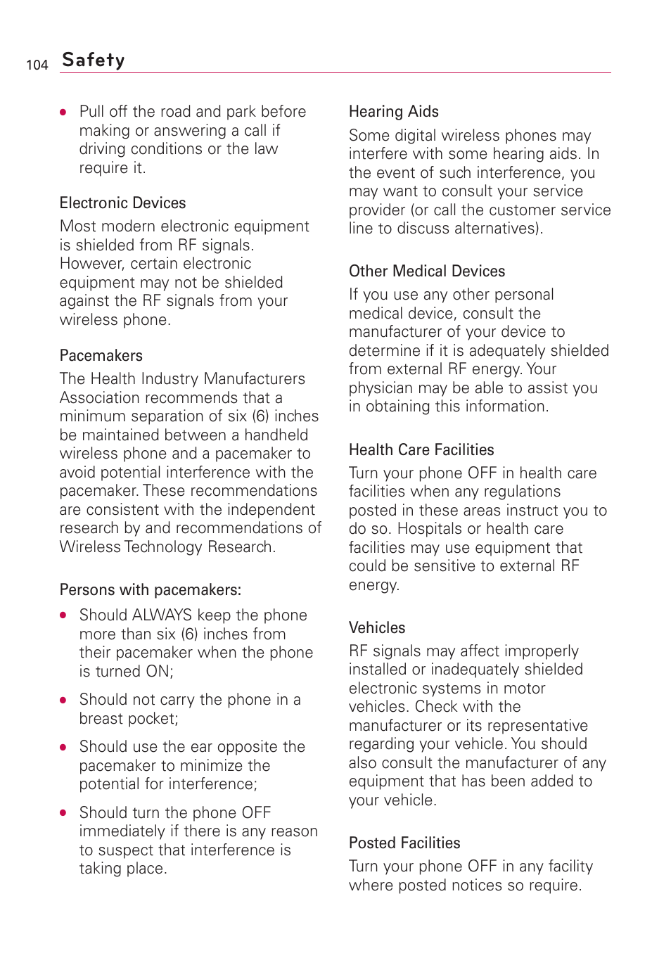 Safety | LG Optimus MS690 User Manual | Page 106 / 314