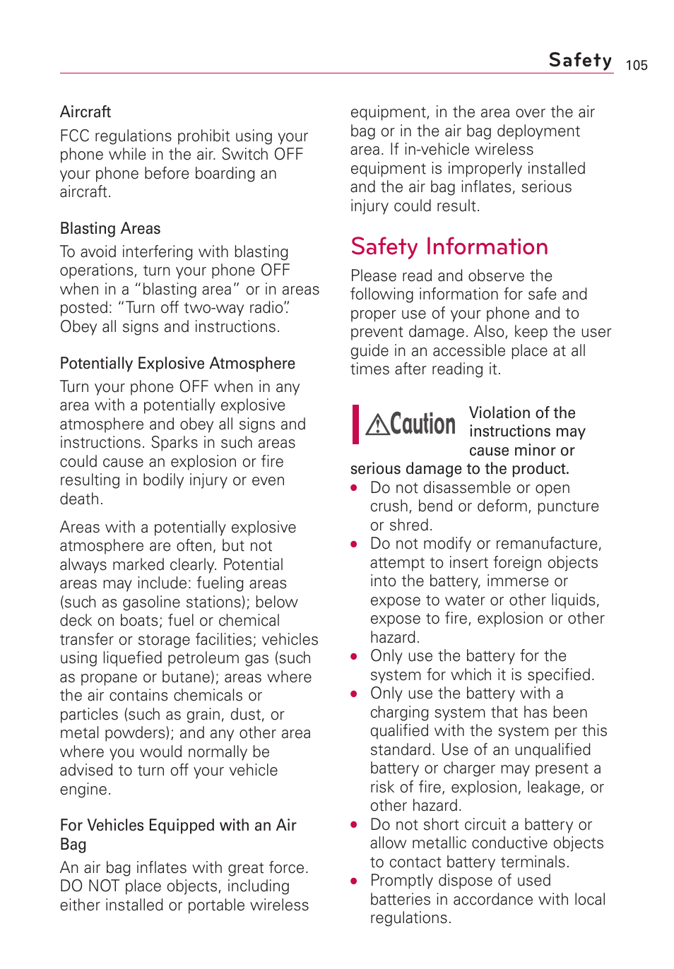 Caution, Safety information, Safety | LG Optimus MS690 User Manual | Page 107 / 314