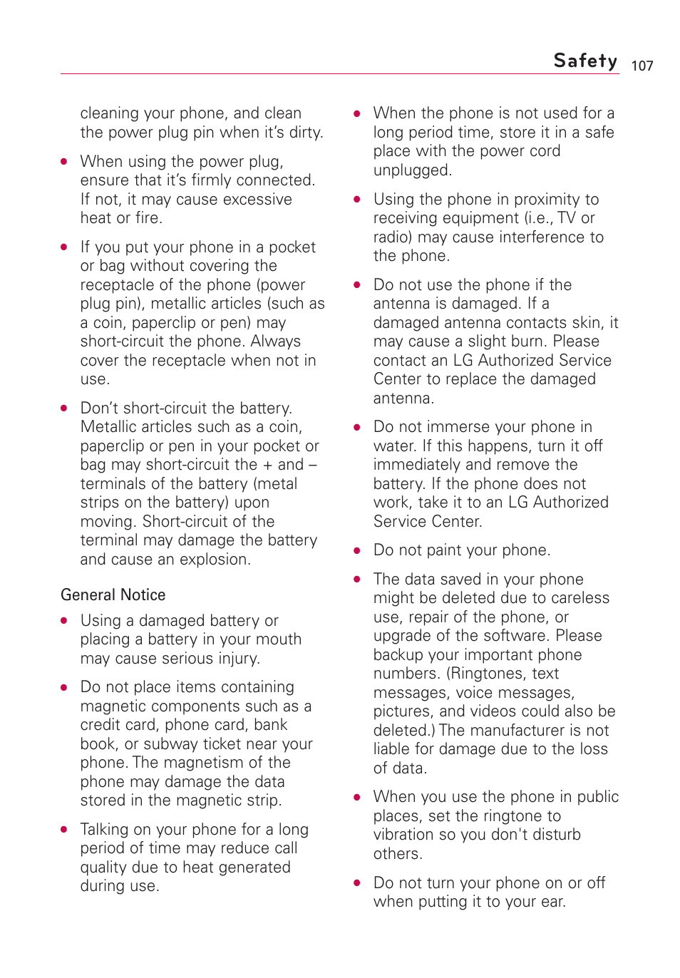 Safety, Do not paint your phone | LG Optimus MS690 User Manual | Page 109 / 314