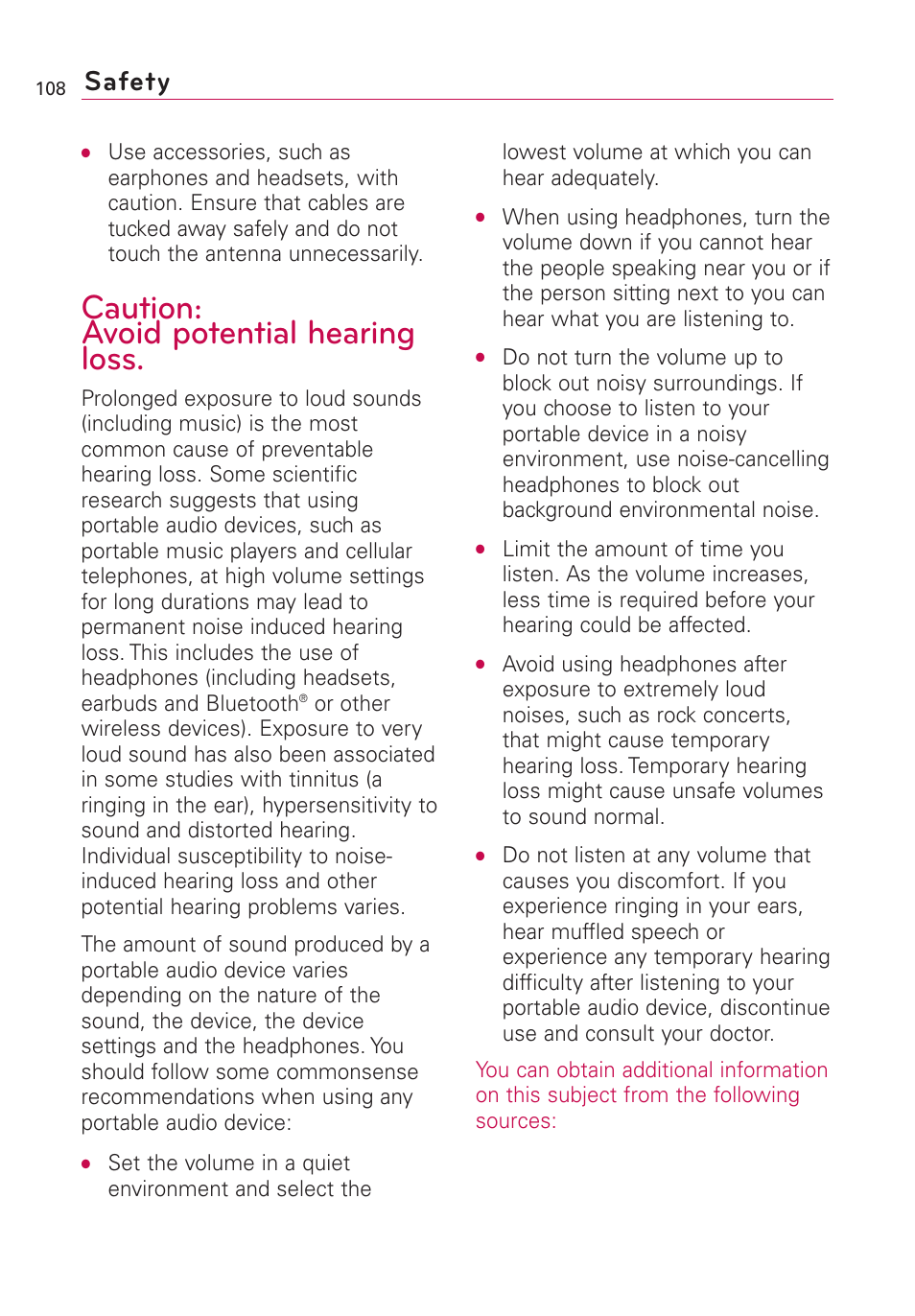 Caution: avoid potential hearing loss, Safety | LG Optimus MS690 User Manual | Page 110 / 314