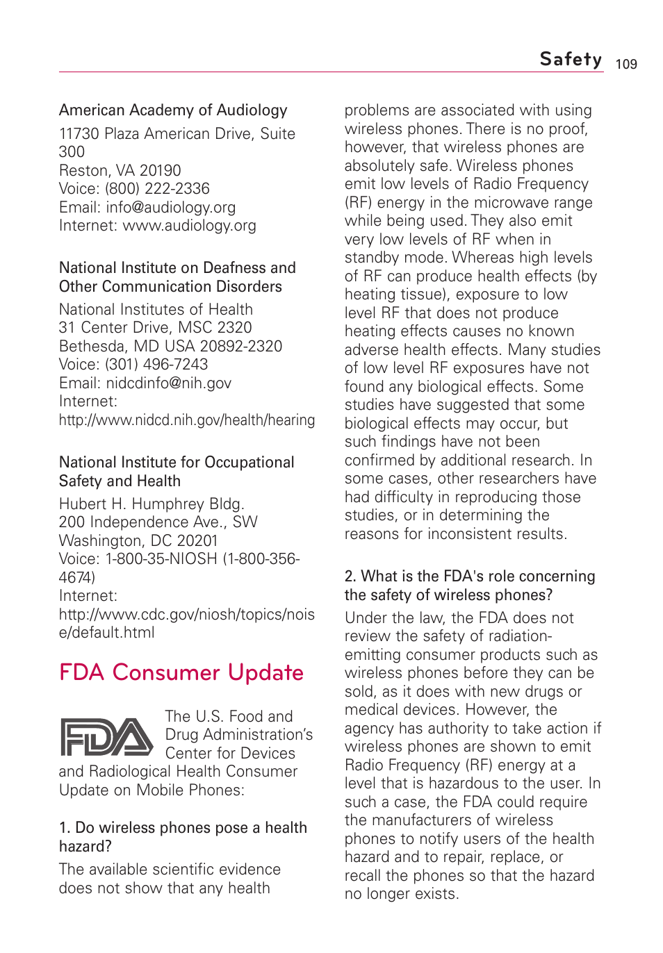 Fda consumer update, Safety | LG Optimus MS690 User Manual | Page 111 / 314