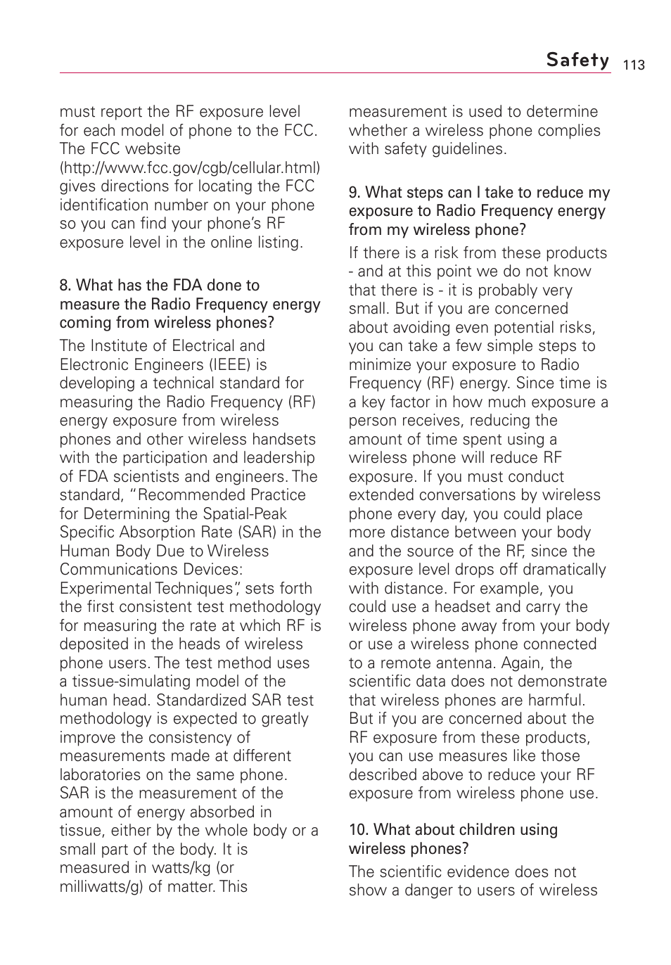 Safety | LG Optimus MS690 User Manual | Page 115 / 314