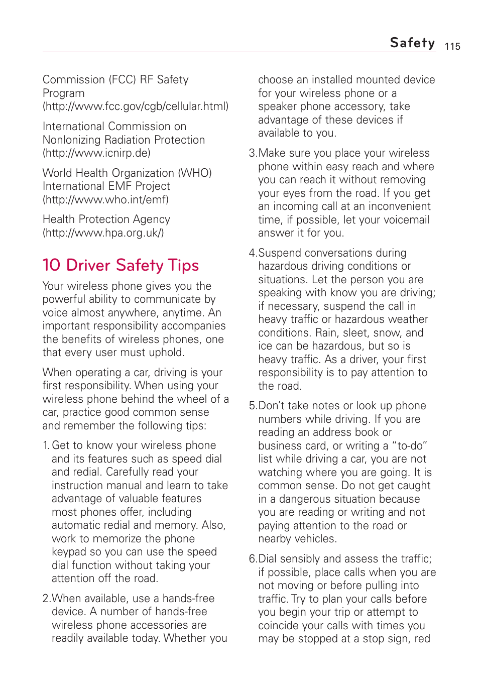 10 driver safety tips, Safety | LG Optimus MS690 User Manual | Page 117 / 314