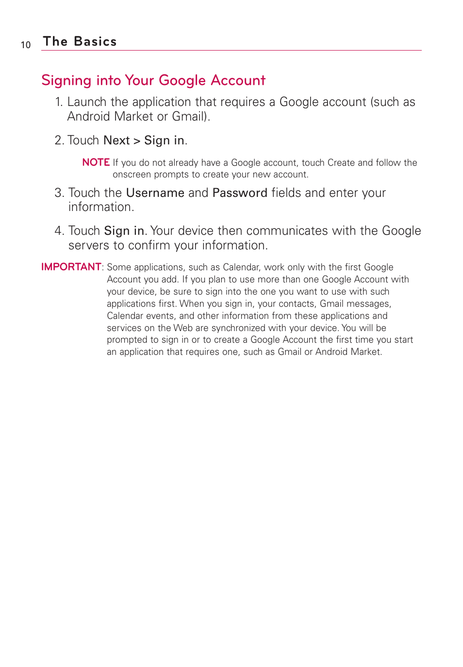 Signing into your google account, The basics | LG Optimus MS690 User Manual | Page 12 / 314