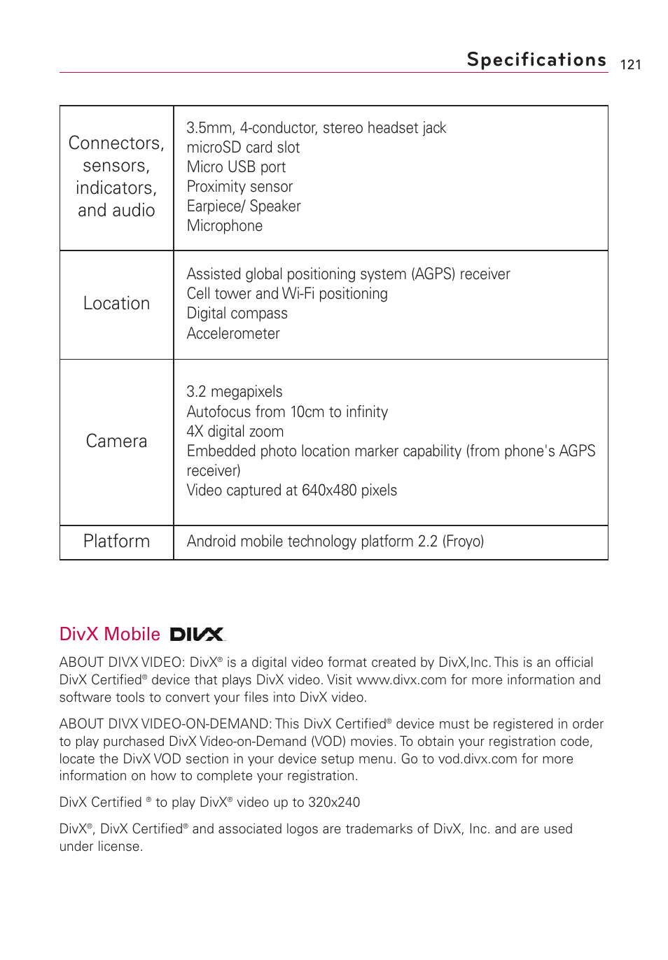 Specifications, Divx mobile, Connectors, sensors, indicators, and audio | Location, Camera, Platform | LG Optimus MS690 User Manual | Page 123 / 314