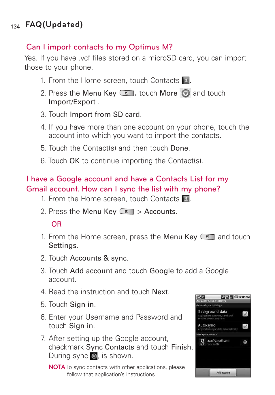 Can i import contacts to my optimus m, Faq(updated) | LG Optimus MS690 User Manual | Page 136 / 314