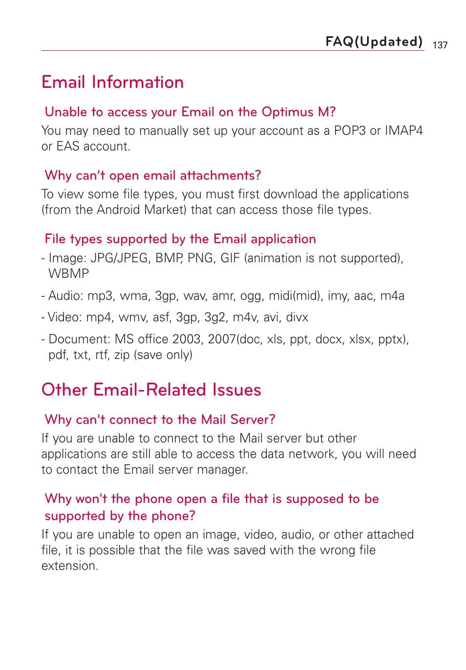 Email information, Other email-related issues | LG Optimus MS690 User Manual | Page 139 / 314