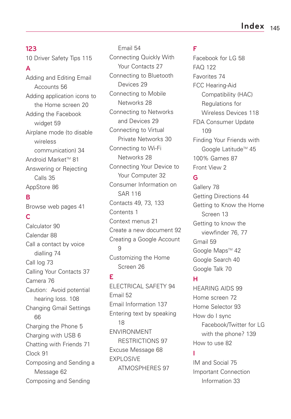 Index | LG Optimus MS690 User Manual | Page 147 / 314