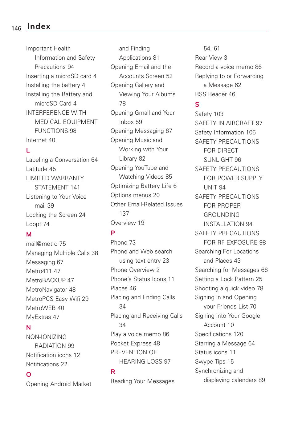 Index | LG Optimus MS690 User Manual | Page 148 / 314