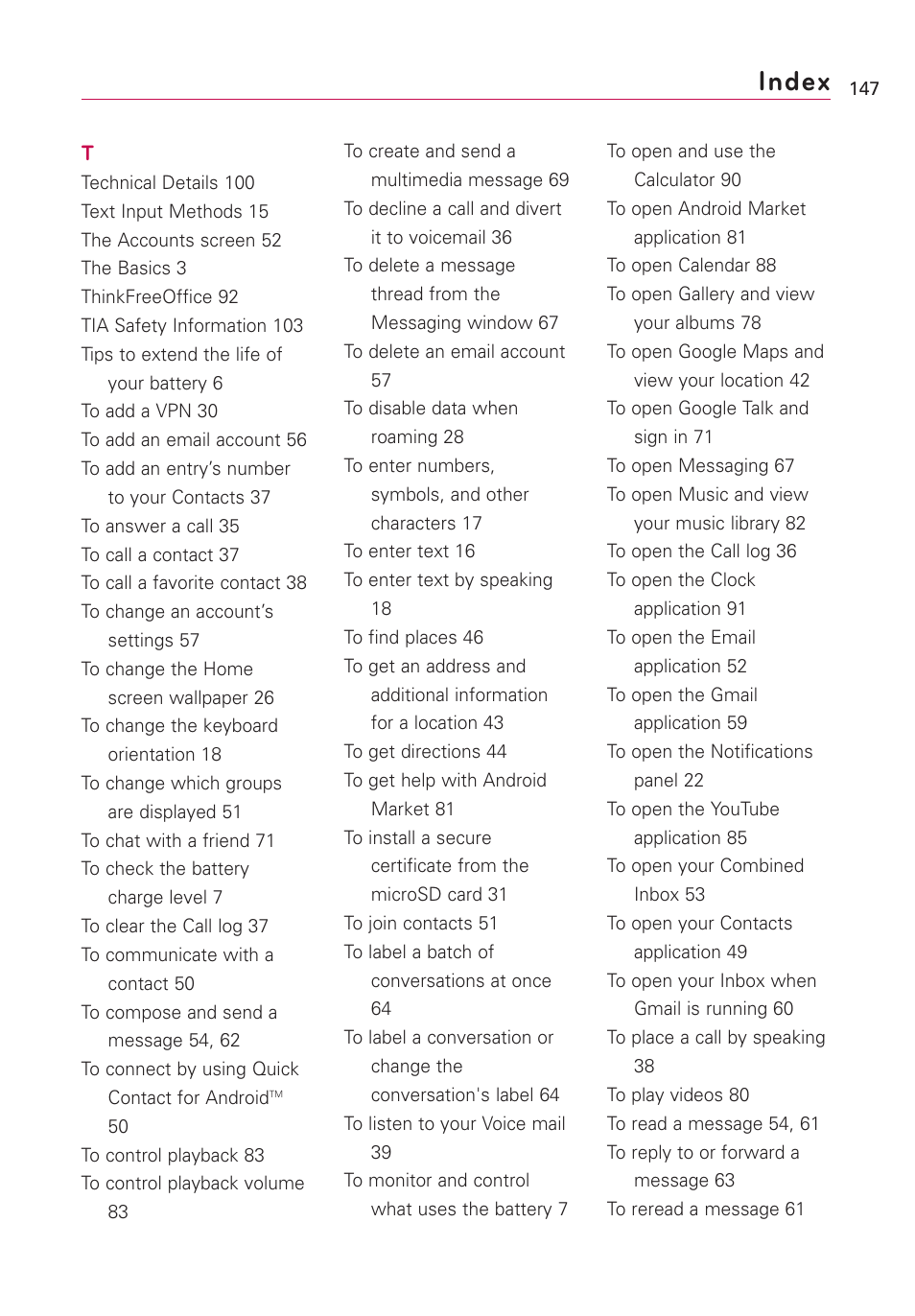 Index | LG Optimus MS690 User Manual | Page 149 / 314