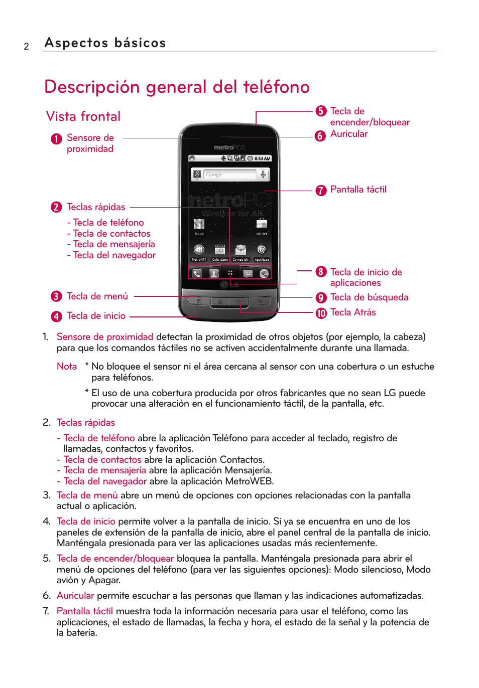 Aspectos b?icos, Aspectos básicos, Descripción general del teléfono | Vista frontal | LG Optimus MS690 User Manual | Page 154 / 314