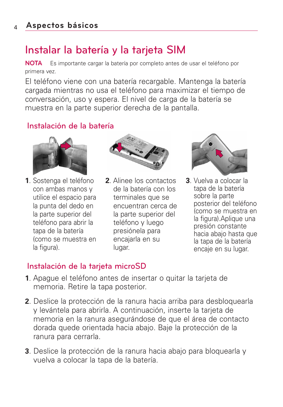 Instalar la batería y la tarjeta sim, Aspectos básicos | LG Optimus MS690 User Manual | Page 156 / 314