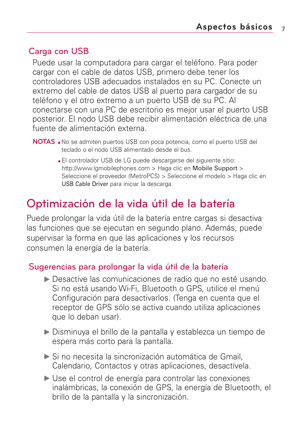 Optimización de la vida útil de la batería, Carga con usb, Aspectos básicos | LG Optimus MS690 User Manual | Page 159 / 314