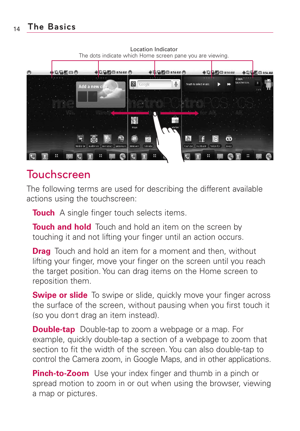 Touchscreen, The basics | LG Optimus MS690 User Manual | Page 16 / 314