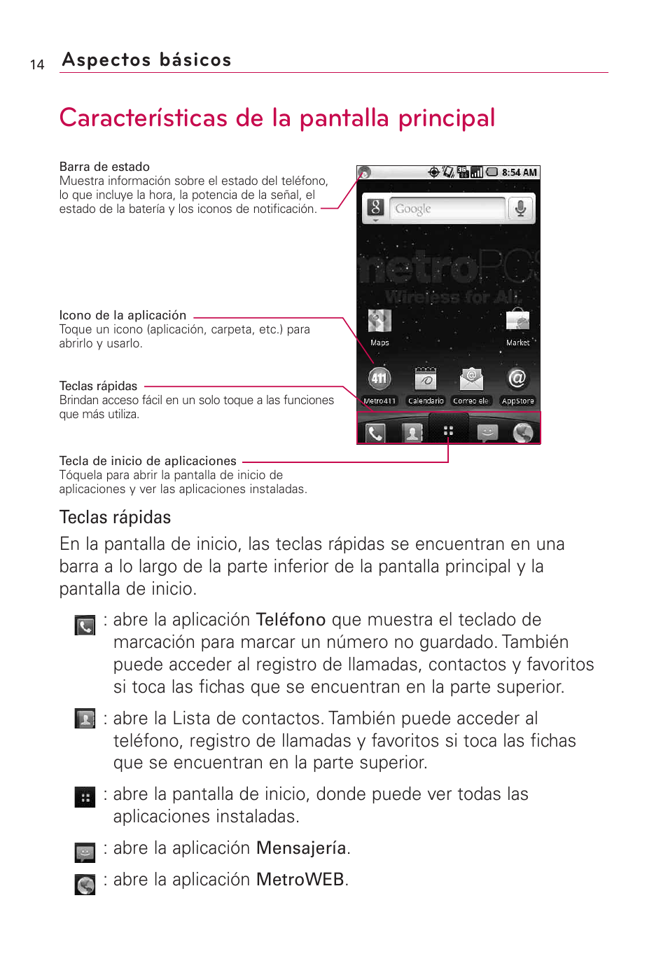 Características de la pantalla principal, Aspectos básicos | LG Optimus MS690 User Manual | Page 166 / 314