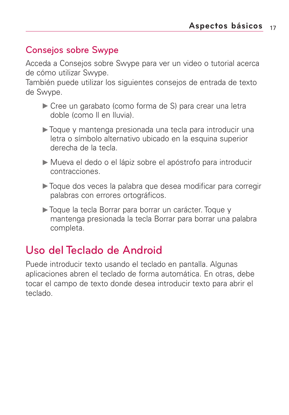 Uso del teclado de android, Consejos sobre swype, Aspectos básicos | LG Optimus MS690 User Manual | Page 169 / 314