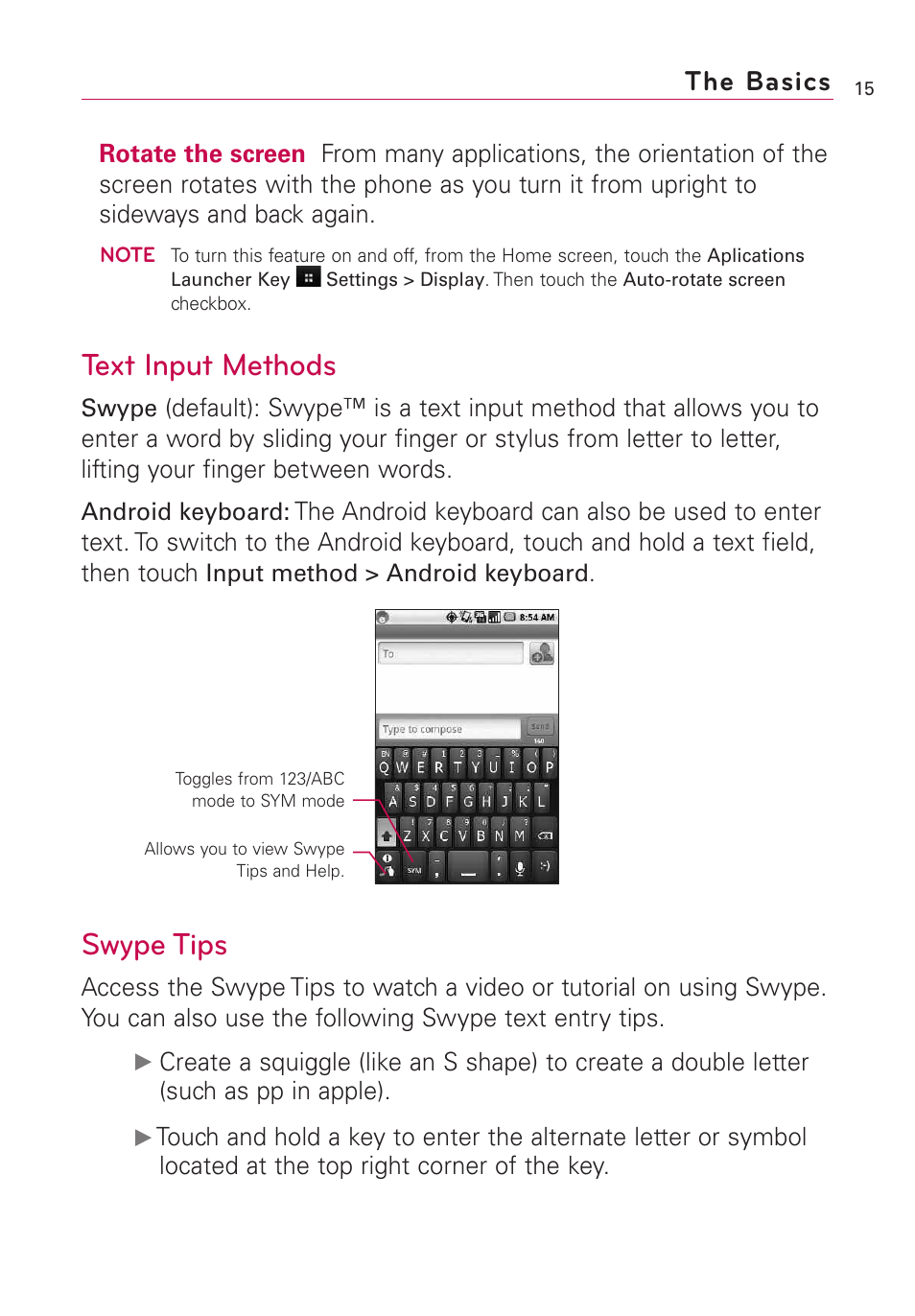 Text input methods, Swype tips, The basics | LG Optimus MS690 User Manual | Page 17 / 314