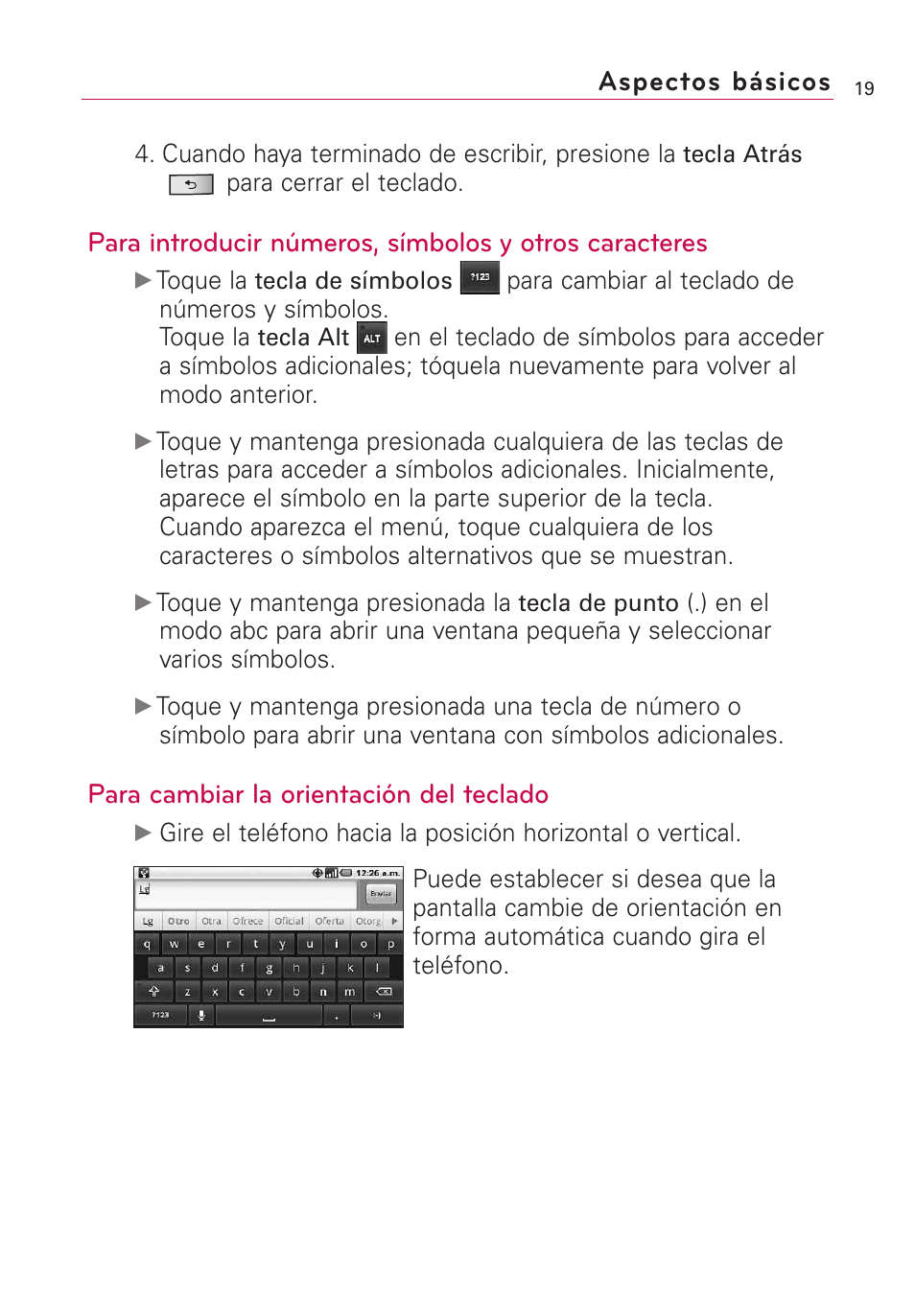 Aspectos básicos, Para cambiar la orientación del teclado | LG Optimus MS690 User Manual | Page 171 / 314