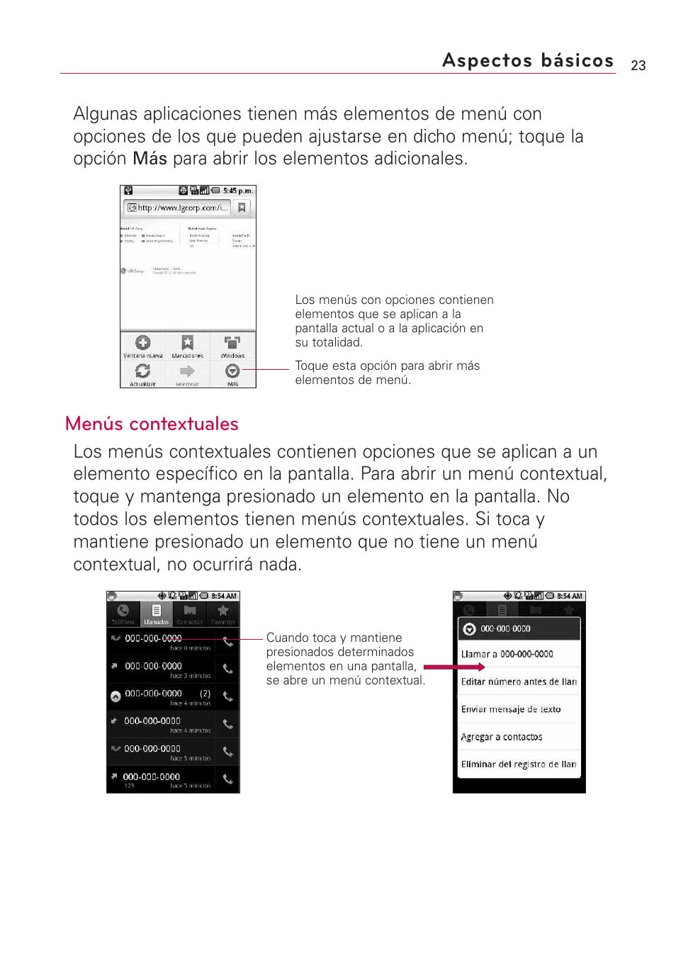 Aspectos básicos, Menús contextuales | LG Optimus MS690 User Manual | Page 175 / 314