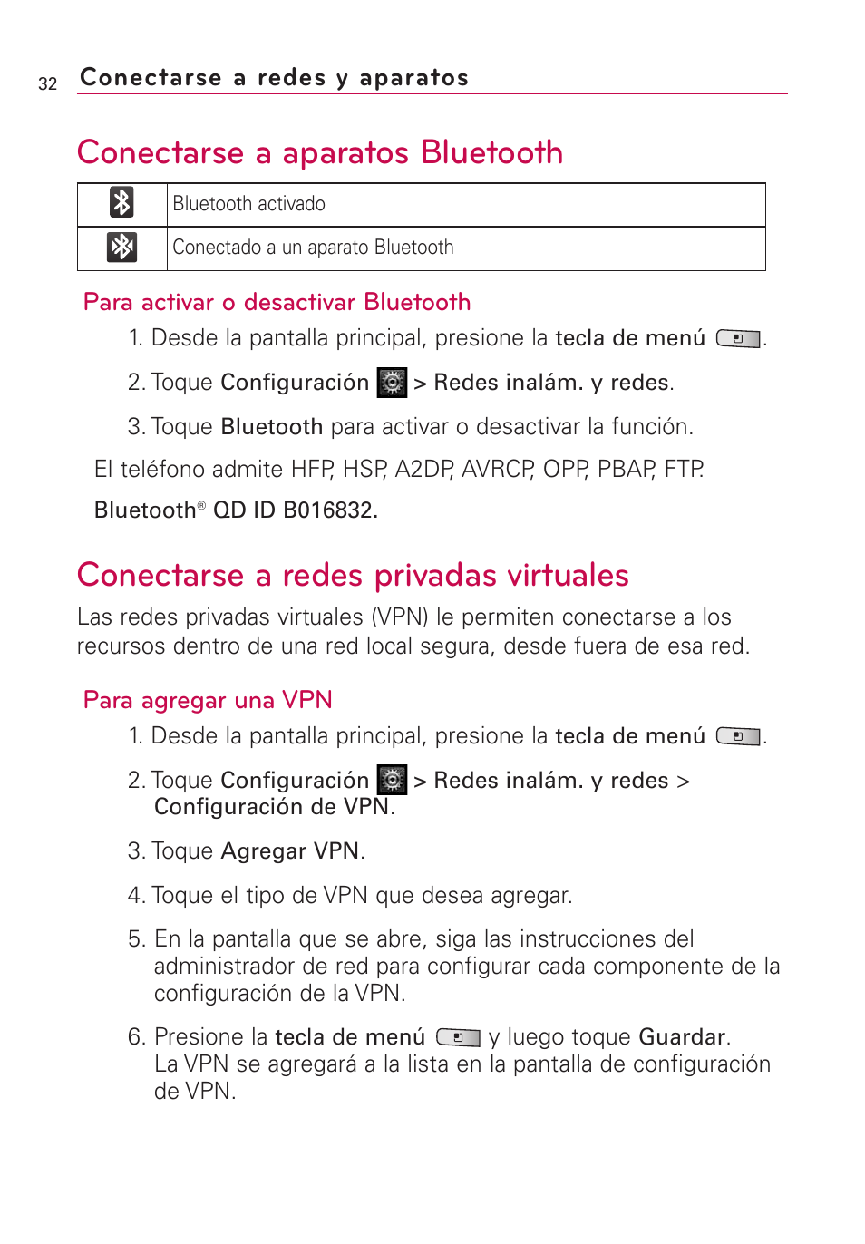 Conectarse a aparatos bluetooth, Conectarse a redes privadas virtuales | LG Optimus MS690 User Manual | Page 184 / 314