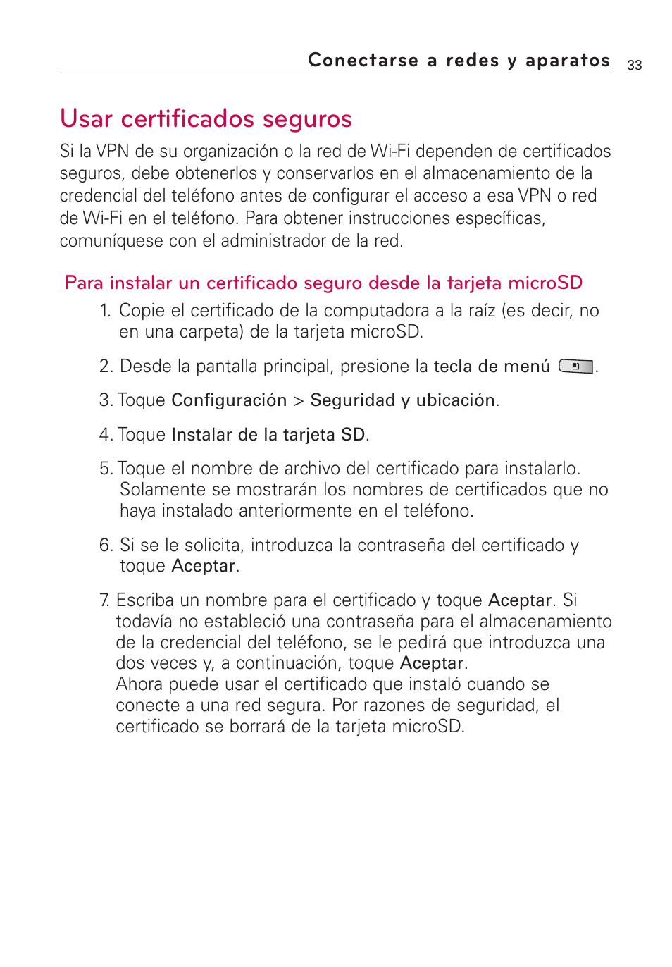 Usar certificados seguros | LG Optimus MS690 User Manual | Page 185 / 314