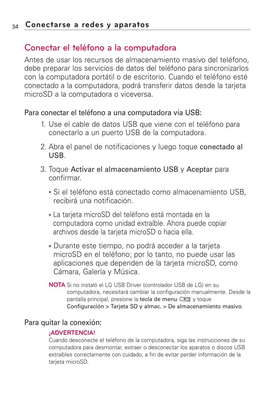 Conectar el teléfono a la computadora, Conectarse a redes y aparatos | LG Optimus MS690 User Manual | Page 186 / 314