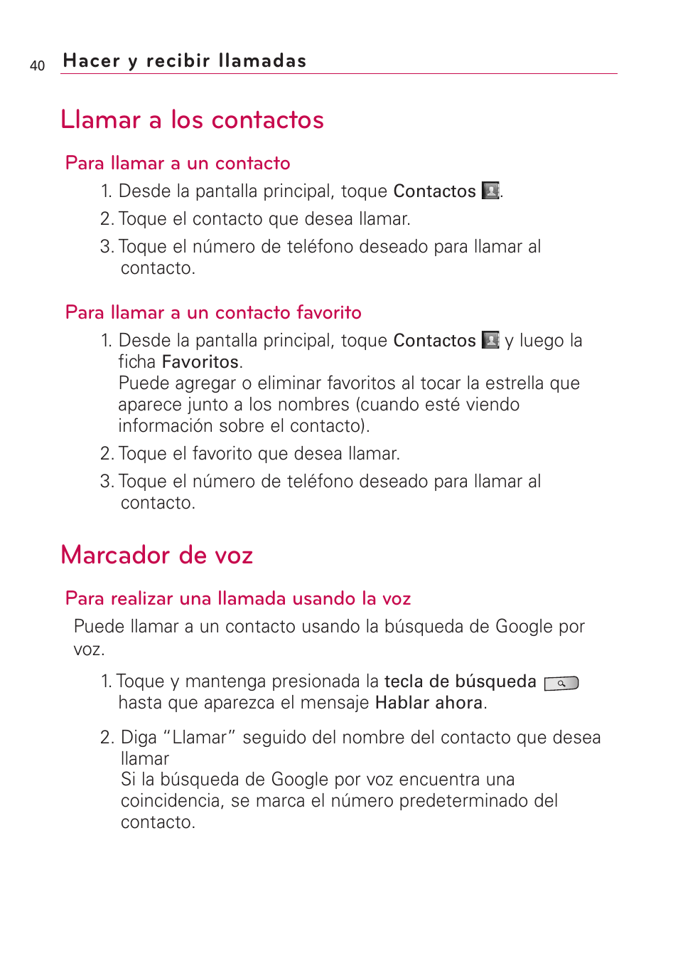 Llamar a los contactos, Marcador de voz | LG Optimus MS690 User Manual | Page 192 / 314