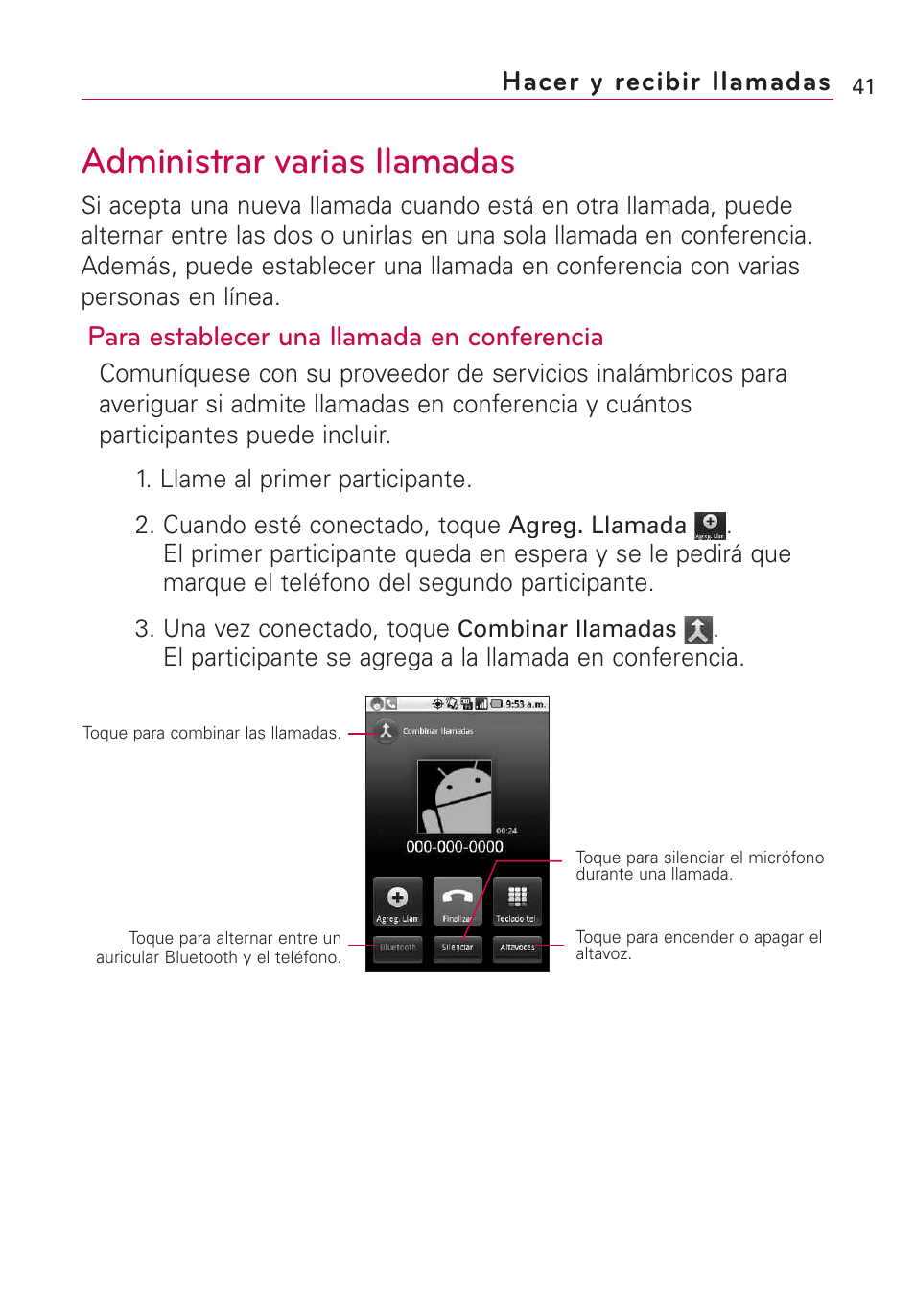 Administrar varias llamadas, Para establecer una llamada en conferencia, Hacer y recibir llamadas | LG Optimus MS690 User Manual | Page 193 / 314