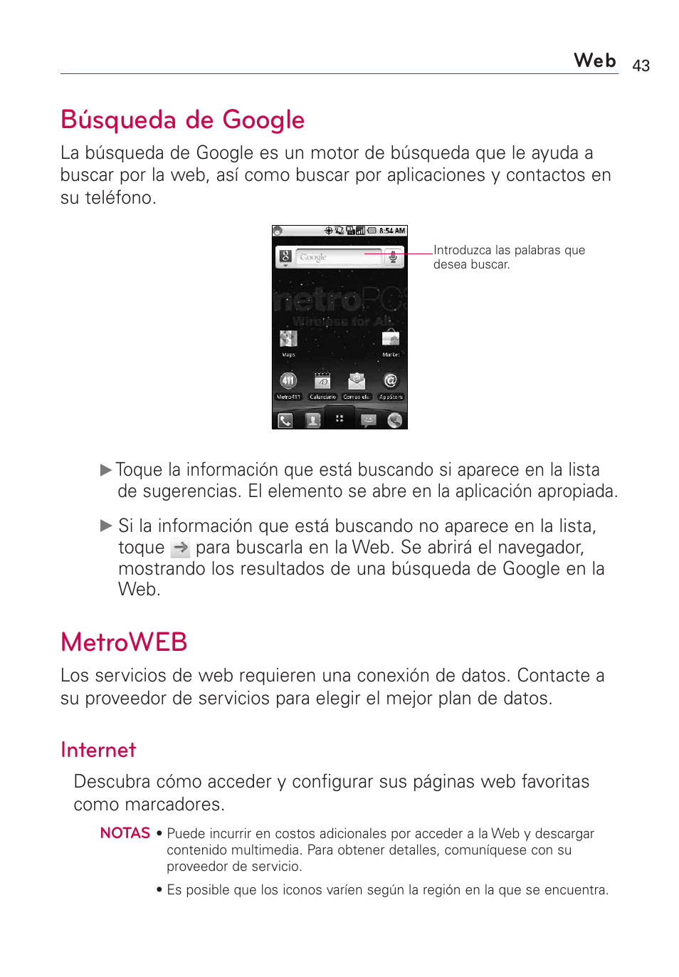 Búsqueda de google, Metroweb, Internet | LG Optimus MS690 User Manual | Page 195 / 314