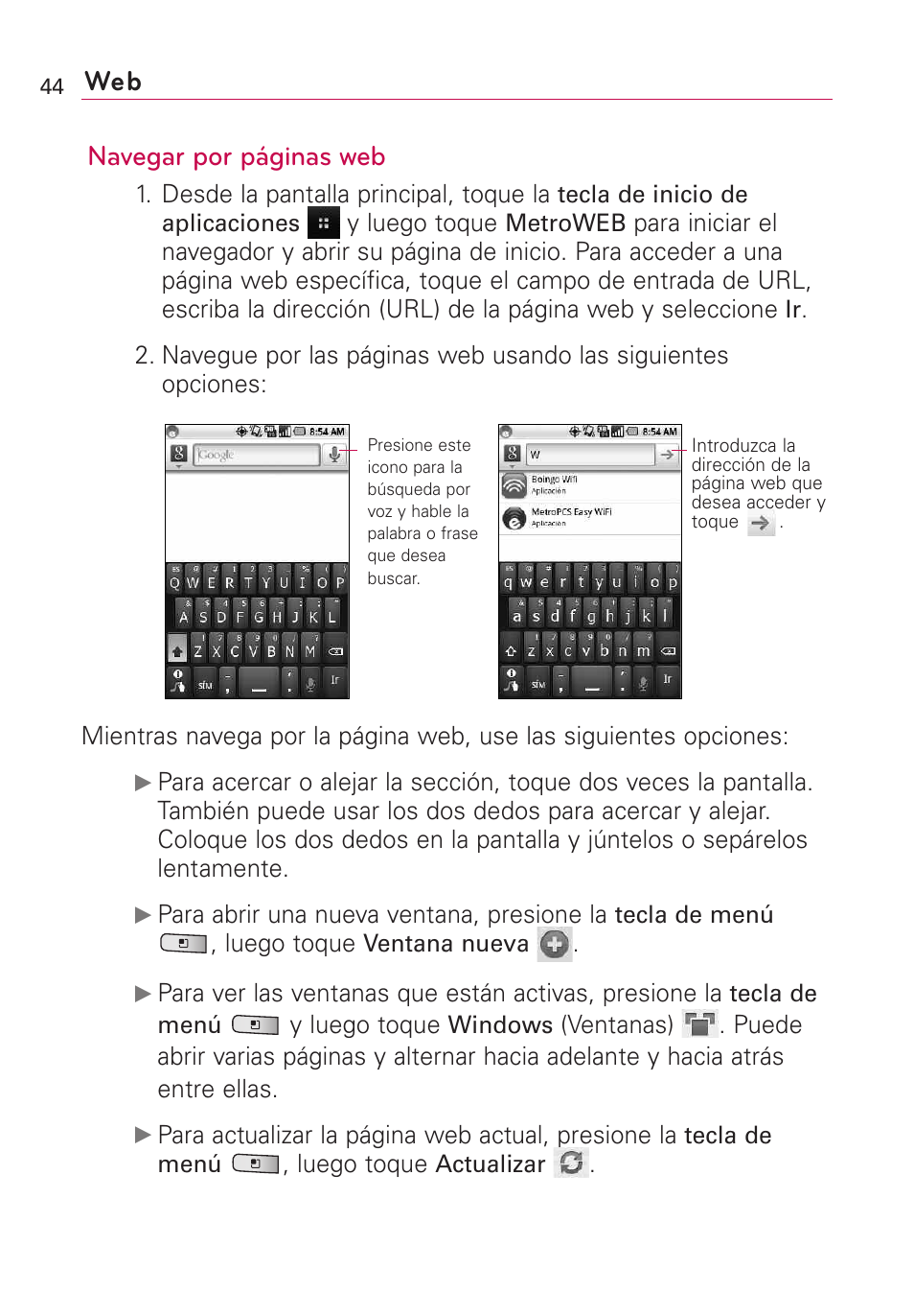 Web navegar por páginas web | LG Optimus MS690 User Manual | Page 196 / 314