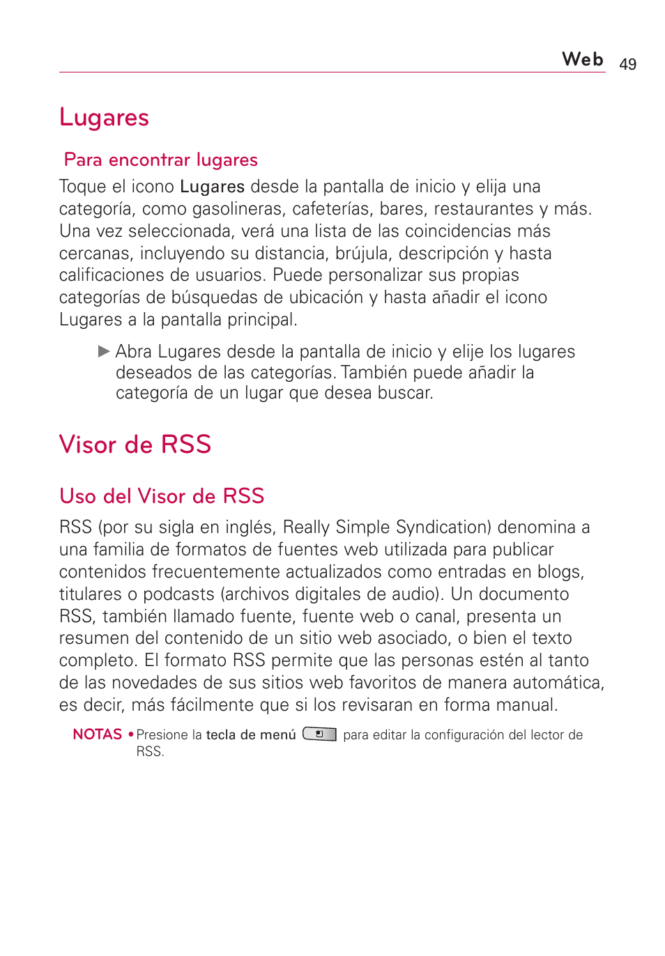Lugares, Visor de rss, Uso del visor de rss | Para encontrar lugares | LG Optimus MS690 User Manual | Page 201 / 314
