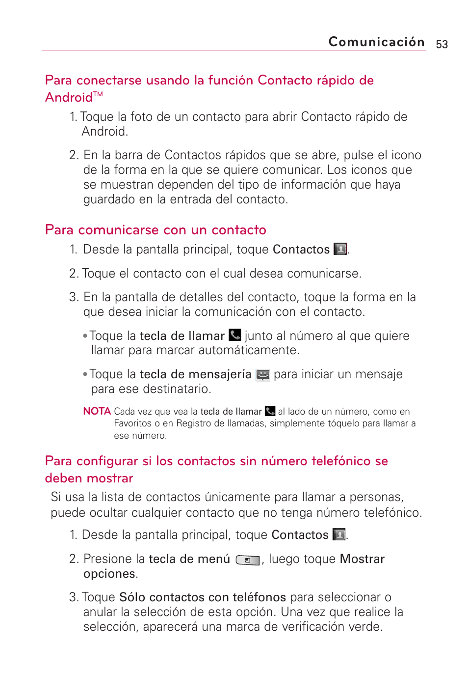 Para comunicarse con un contacto, Comunicación | LG Optimus MS690 User Manual | Page 205 / 314