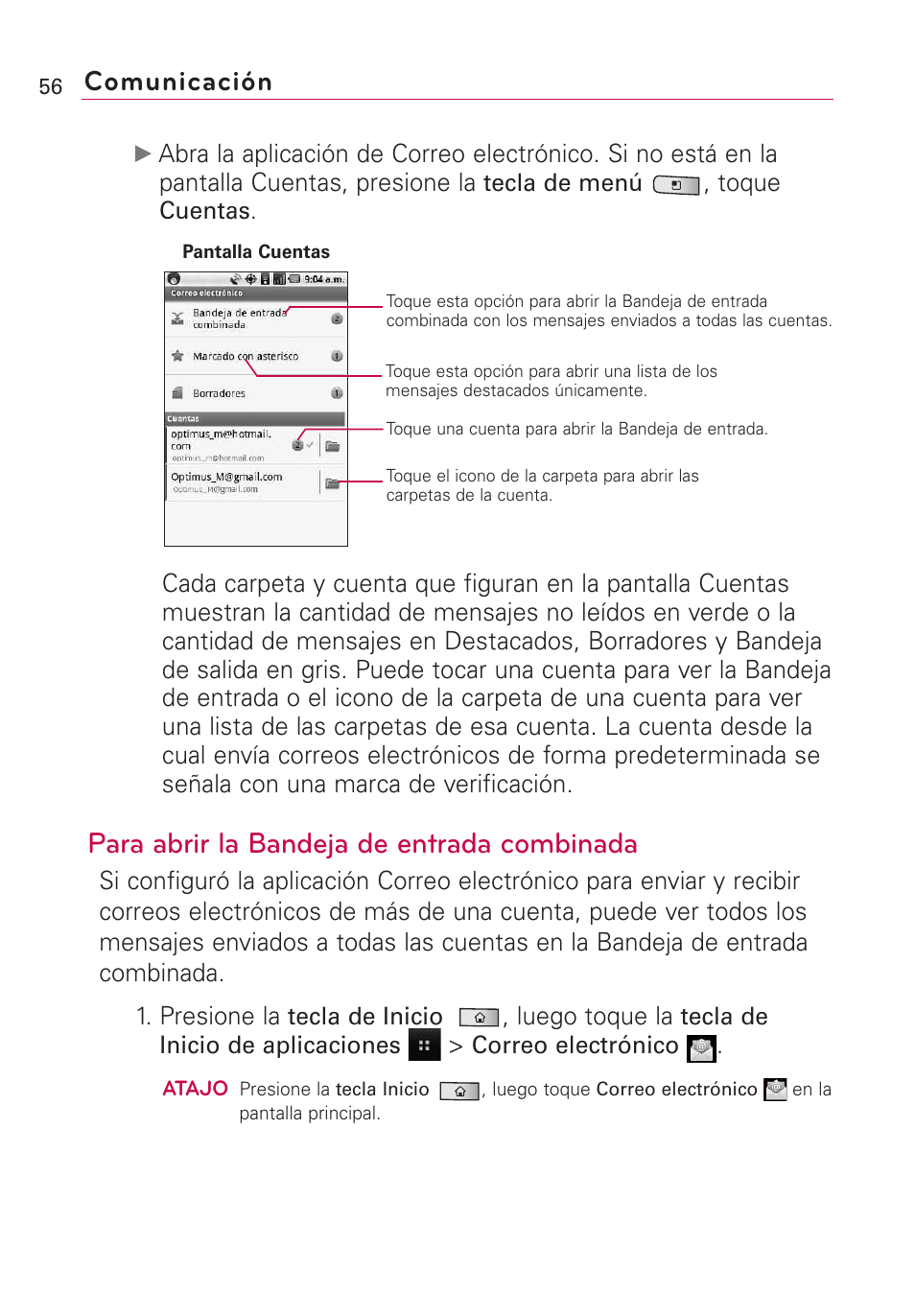 Para abrir la bandeja de entrada combinada, Comunicación | LG Optimus MS690 User Manual | Page 208 / 314