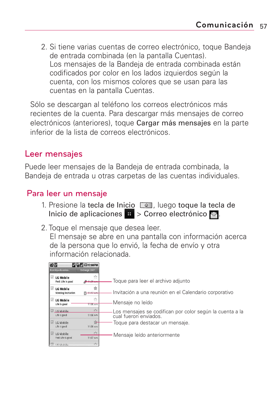 Leer mensajes, Para leer un mensaje, Comunicación | LG Optimus MS690 User Manual | Page 209 / 314