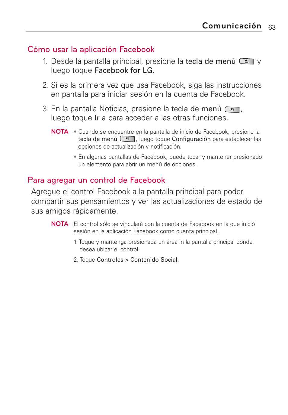 Cómo usar la aplicación facebook, Para agregar un control de facebook, Comunicación | LG Optimus MS690 User Manual | Page 215 / 314