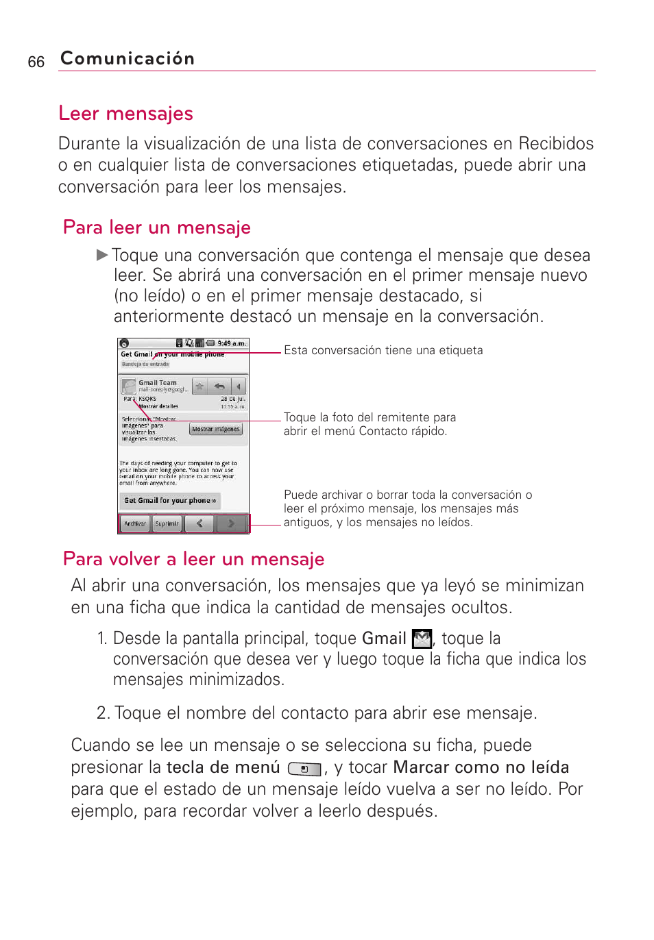 Leer mensajes, Para leer un mensaje, Para volver a leer un mensaje | Comunicación | LG Optimus MS690 User Manual | Page 218 / 314