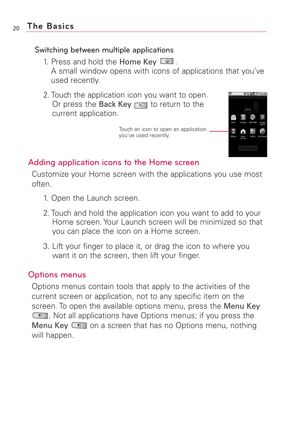 Adding application icons to the home screen, Options menus, The basics | LG Optimus MS690 User Manual | Page 22 / 314