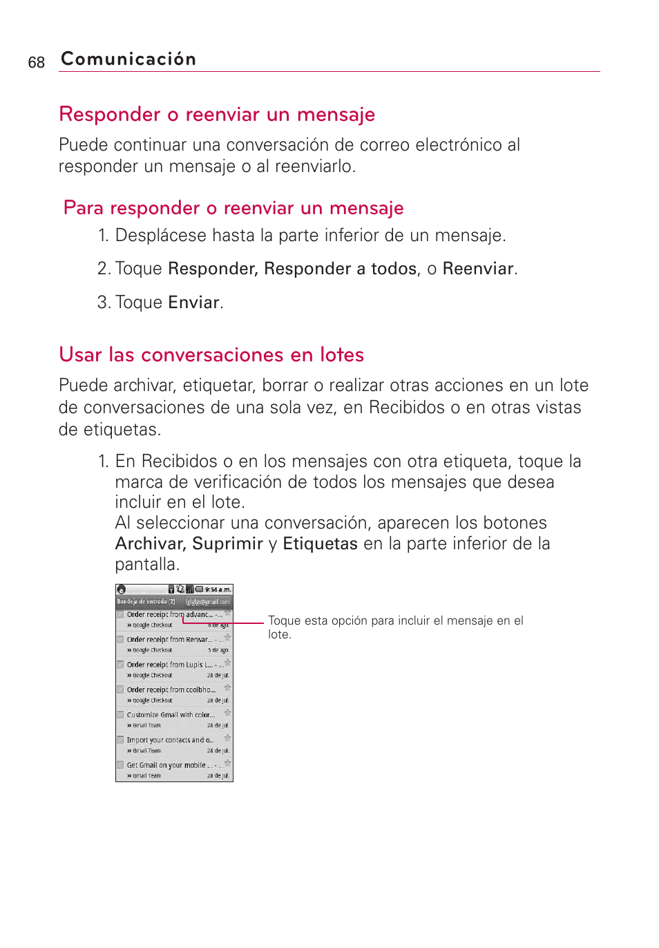 Responder o reenviar un mensaje, Usar las conversaciones en lotes, Para responder o reenviar un mensaje | LG Optimus MS690 User Manual | Page 220 / 314