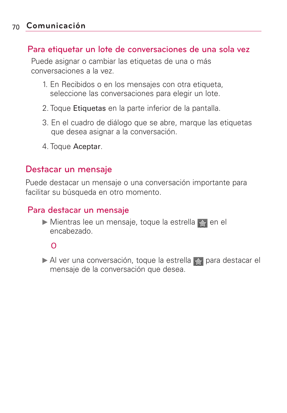 Destacar un mensaje, Para destacar un mensaje | LG Optimus MS690 User Manual | Page 222 / 314