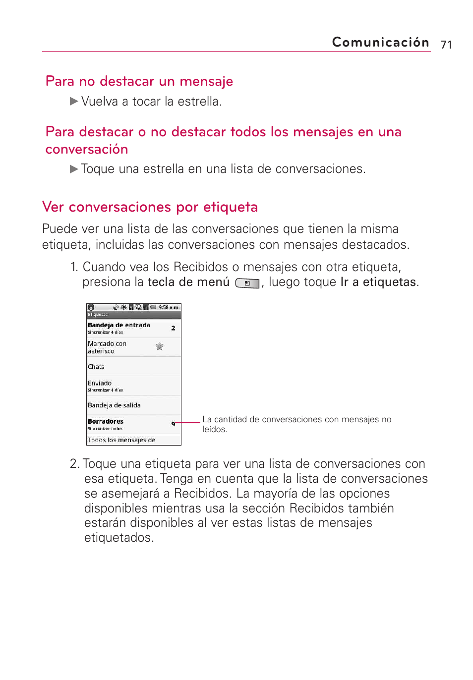 Ver conversaciones por etiqueta, Para no destacar un mensaje, Comunicación | LG Optimus MS690 User Manual | Page 223 / 314
