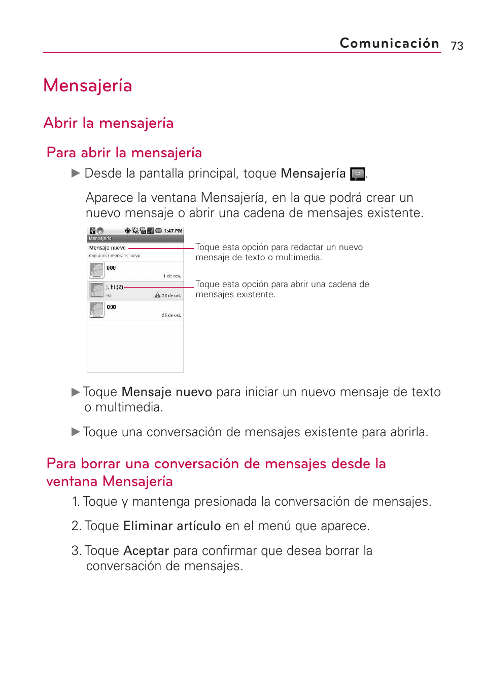 Mensajería, Abrir la mensajería, Para abrir la mensajería | Comunicación | LG Optimus MS690 User Manual | Page 225 / 314