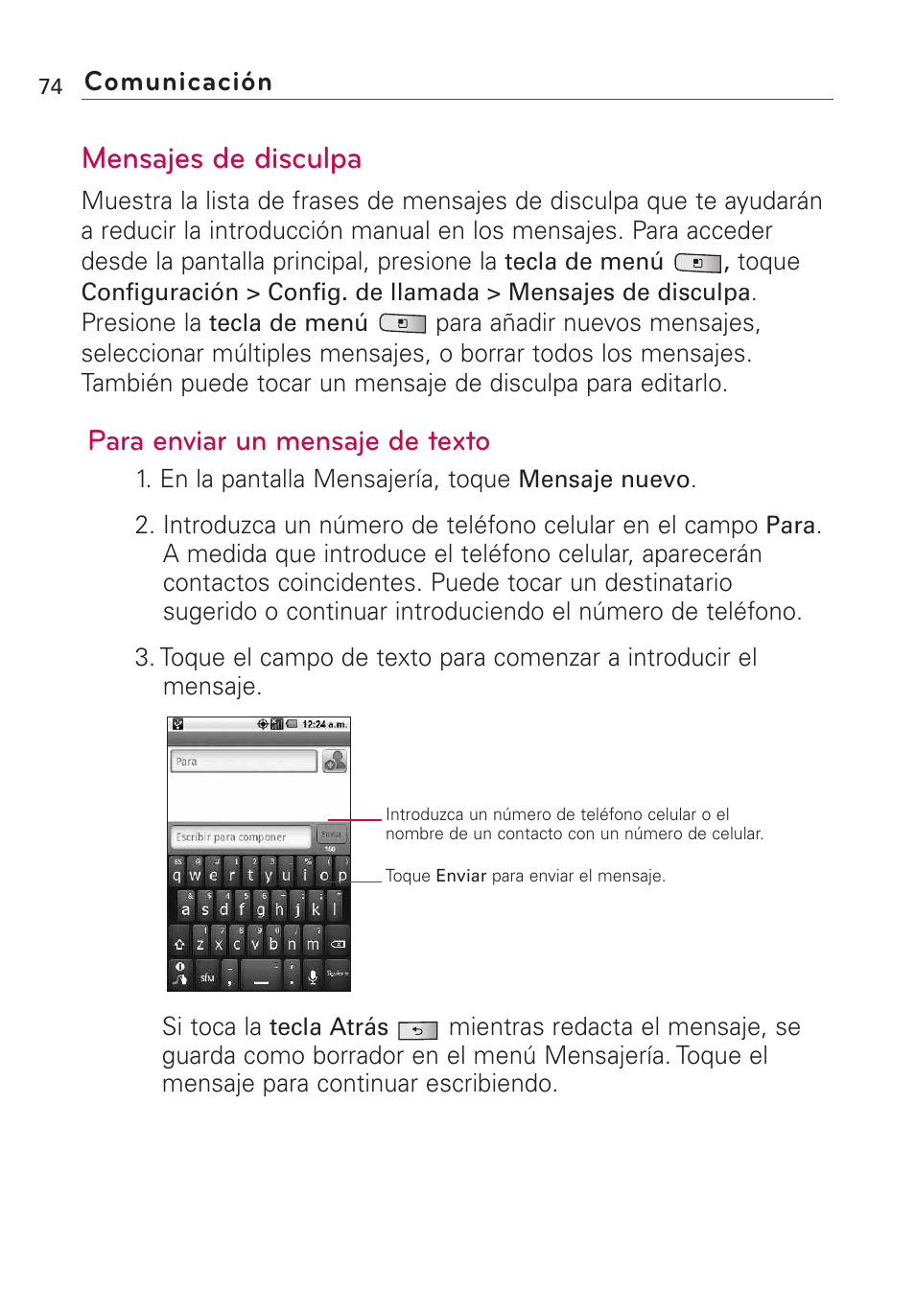 Mensajes de disculpa, Para enviar un mensaje de texto | LG Optimus MS690 User Manual | Page 226 / 314