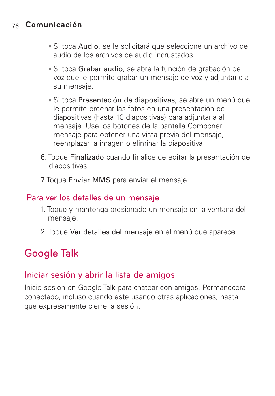 Google talk, Iniciar sesión y abrir la lista de amigos, Para ver los detalles de un mensaje | LG Optimus MS690 User Manual | Page 228 / 314