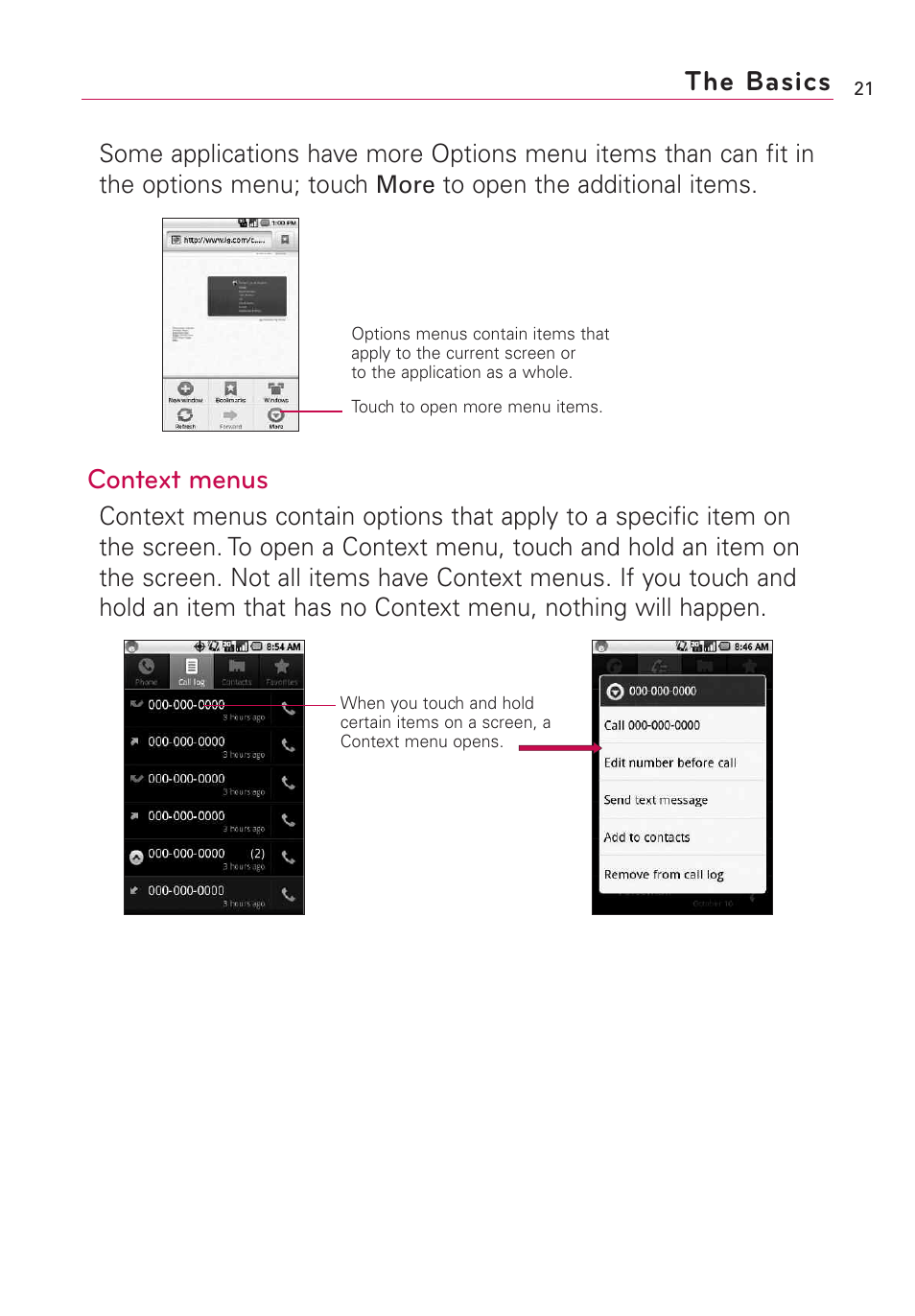 Context menus, The basics | LG Optimus MS690 User Manual | Page 23 / 314