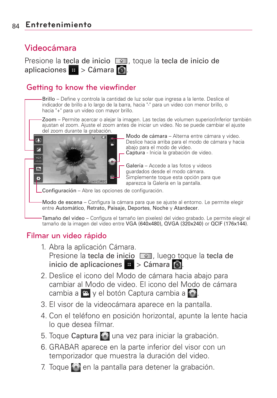 Videocámara, Entretenimiento | LG Optimus MS690 User Manual | Page 236 / 314