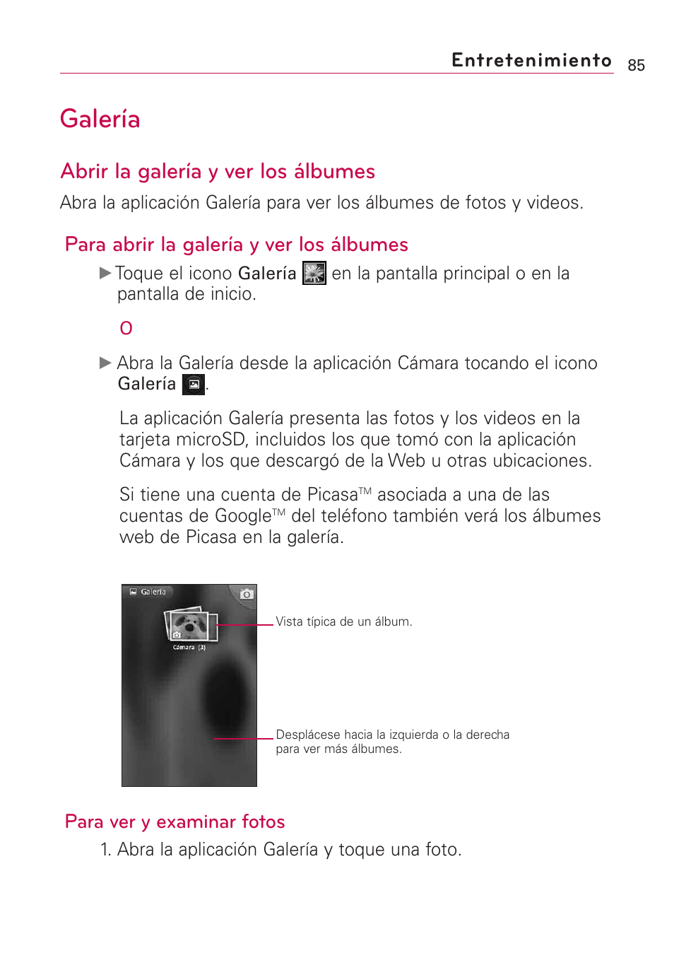 Galería, Abrir la galería y ver los álbumes, Para abrir la galería y ver los álbumes | Entretenimiento, Para ver y examinar fotos | LG Optimus MS690 User Manual | Page 237 / 314