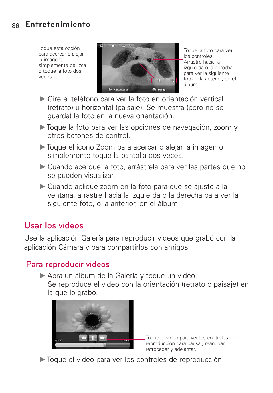 Usar los videos, Para reproducir videos, Entretenimiento | LG Optimus MS690 User Manual | Page 238 / 314